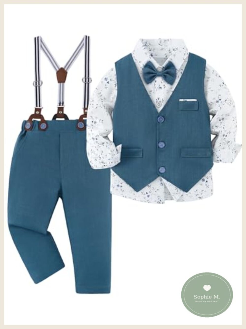 Toddler Boy Formal Suit with Long Sleeve Shirt, Vest, Suspender Pants & Bowtie